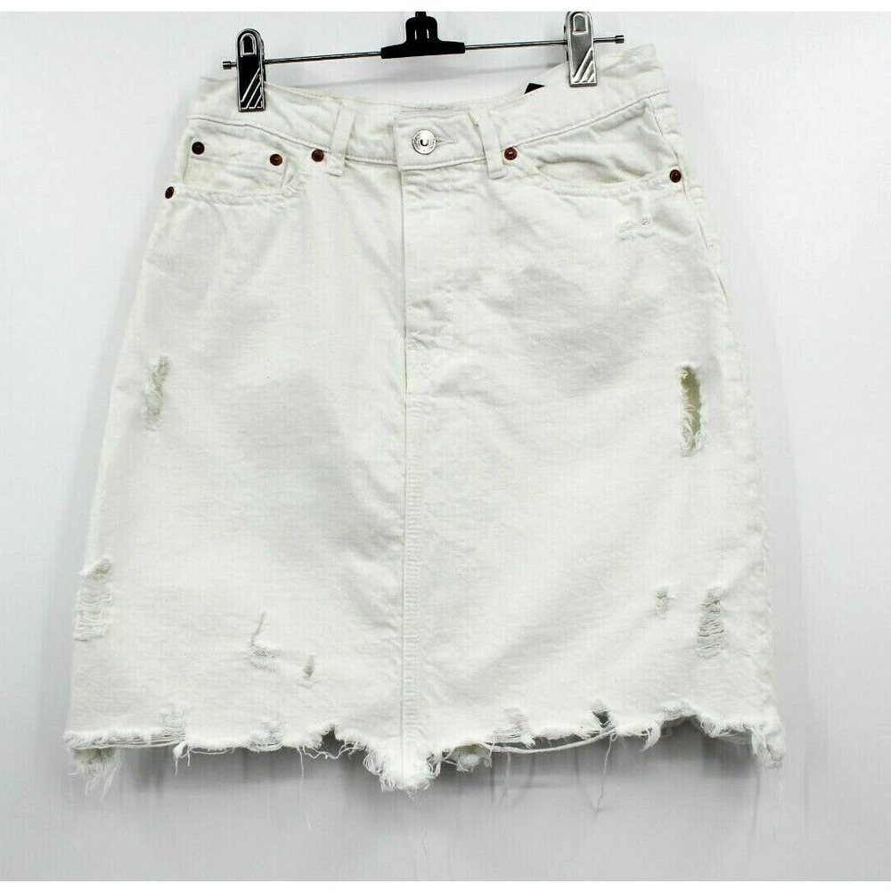 Zara Women's Off‎ White Denim Raw Cut Off Edges Distressed Mini Skirt Size Small